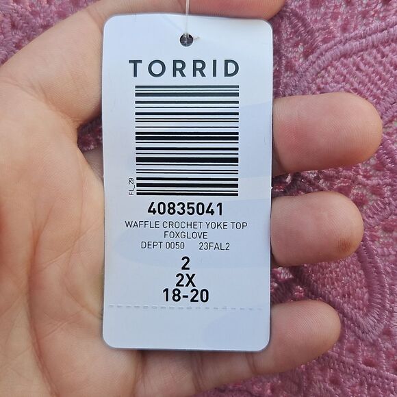 NWT Torrid Waffle Crochet Yoke Top 2X Foxglove Pink Long Sleeve - Picture 2 of 7